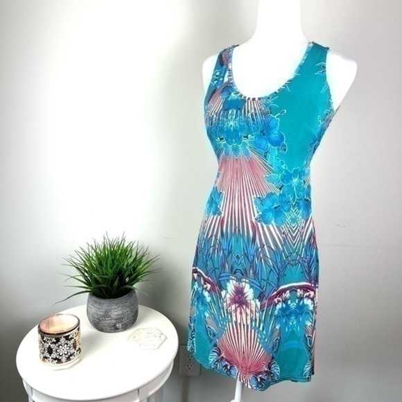 Julia Womens M Blue abstract stretchy Silk Blend sleeveless cocktail dress - Picture 2 of 7